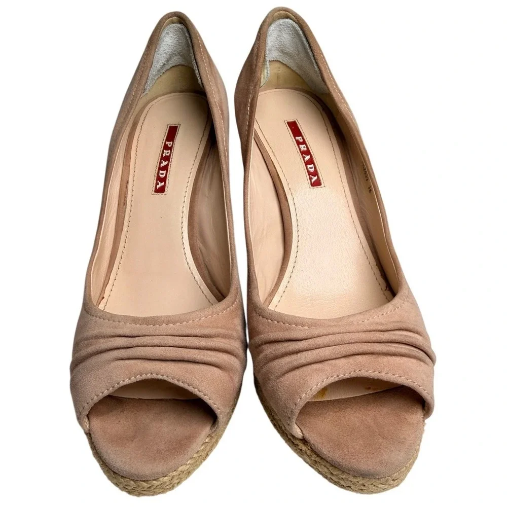 Authentic Prada 3KZ033 Nude Suede Cork Espadrille Wedge‎ Heels EU 38 US 7.5 8
